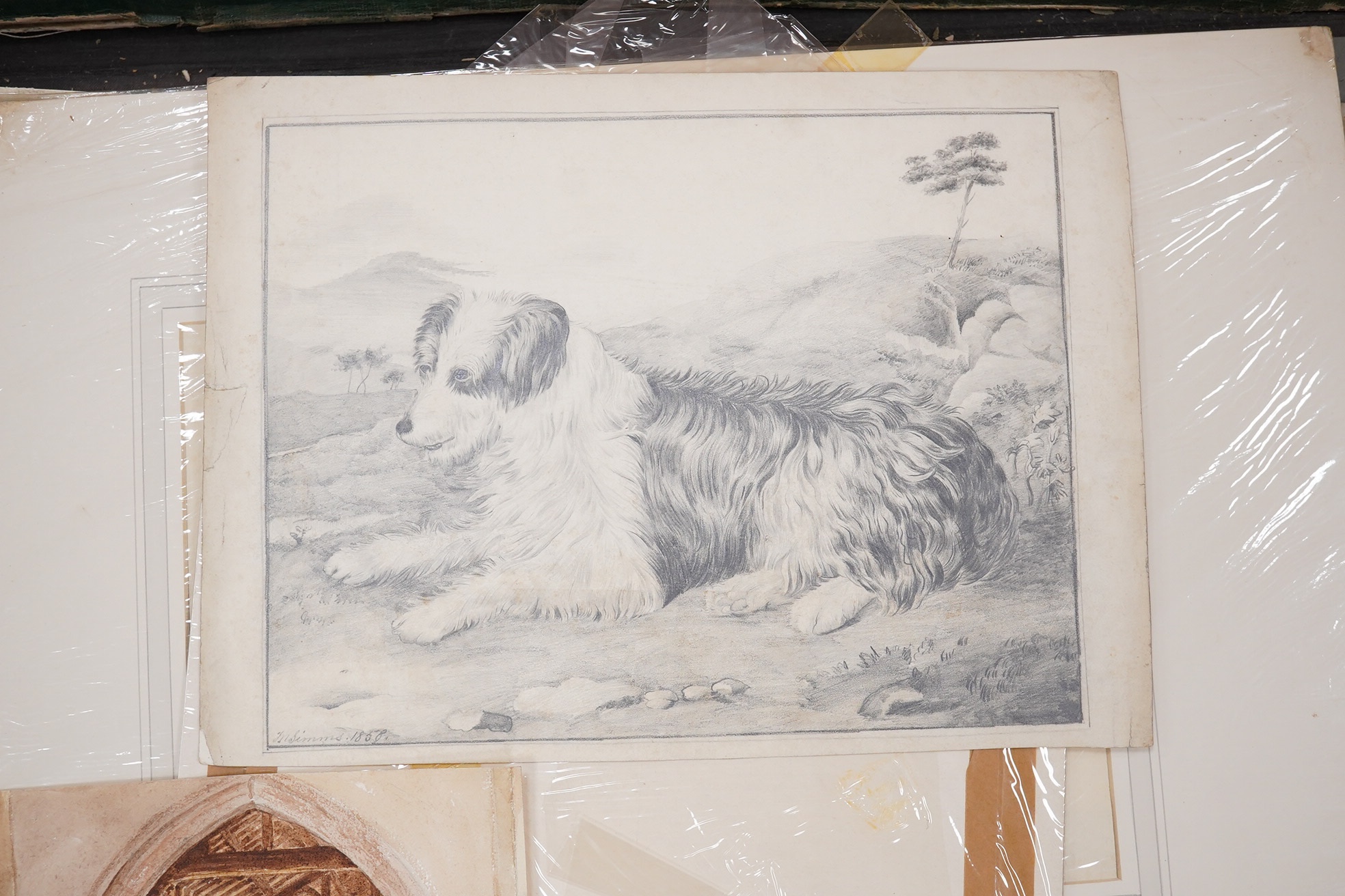 A large collection of 18th century and later watercolours, pencils and prints including M. Simmons, pencil, Study of a dog before a landscape, signed and dated 1858, Italianate landscape watercolours signed A Bock, dated